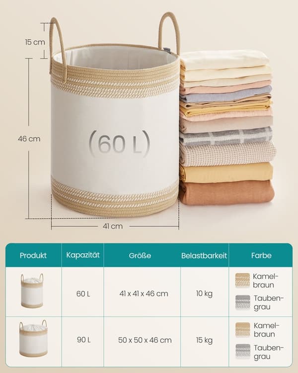 ROOTZ 60L Vaskeri Kurv - Vask Hamper - Opbevaringsbakke - Hvid og brun - Polyester bomuld - 41x41x46cm