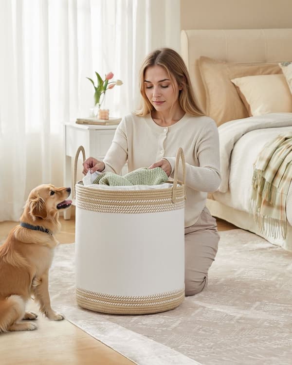 ROOTZ 60L Vaskeri Kurv - Vask Hamper - Opbevaringsbakke - Hvid og brun - Polyester bomuld - 41x41x46cm