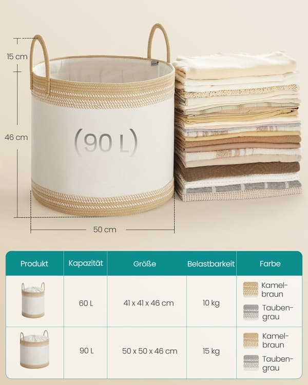 Rootz 90L Law Basket - Vaskeriopbevaring - Hampere - Låg & greb - 50 x 50 x 46 cm - Polyester bomuldsblanding - Kamelbrun