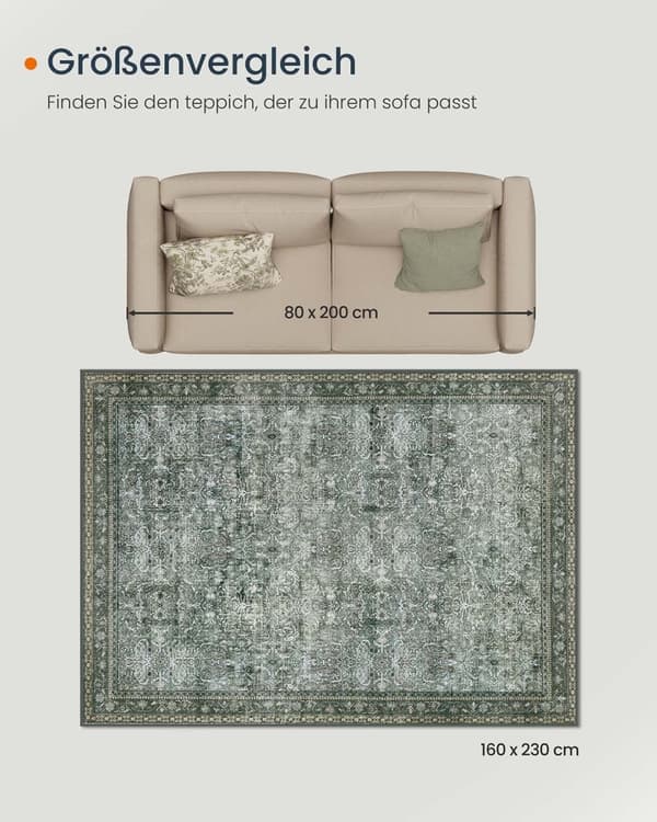Rootz Vintage Style Carpet - Retro Rug - Maskinvaskbar - Grøn - 160 cm x 230 cm