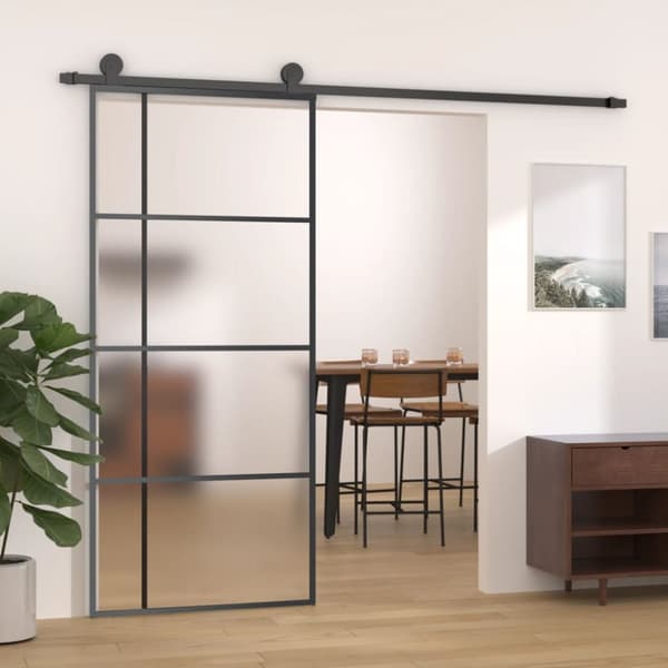skydedør 90x205 cm hærdet matteret glas og aluminium sort