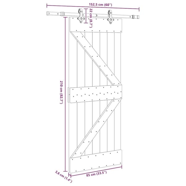 vidaXL Skjutdörr med beslag 85x210 cm massiv furu