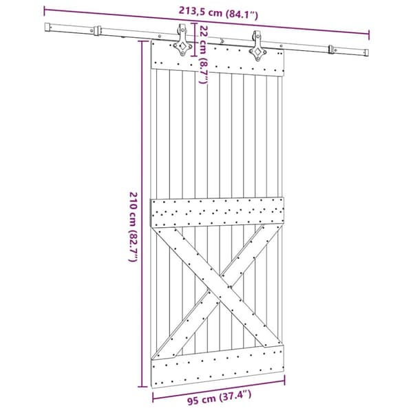vidaXL Skjutdörr med beslag 95x210 cm massiv furu