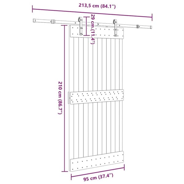 vidaXL Skjutdörr med beslag 95x210 cm massiv furu