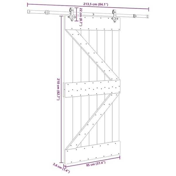 vidaXL Skjutdörr med beslag 95x210 cm massiv furu