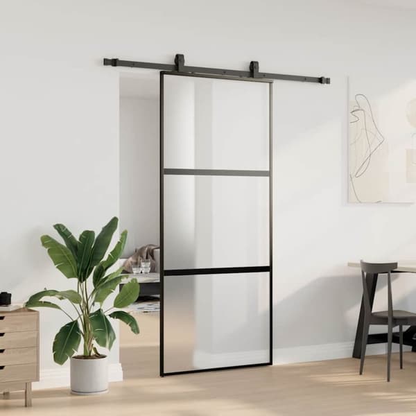 vidaXL skydedør med hardwaresæt 90x205 cm hærdet glas sort