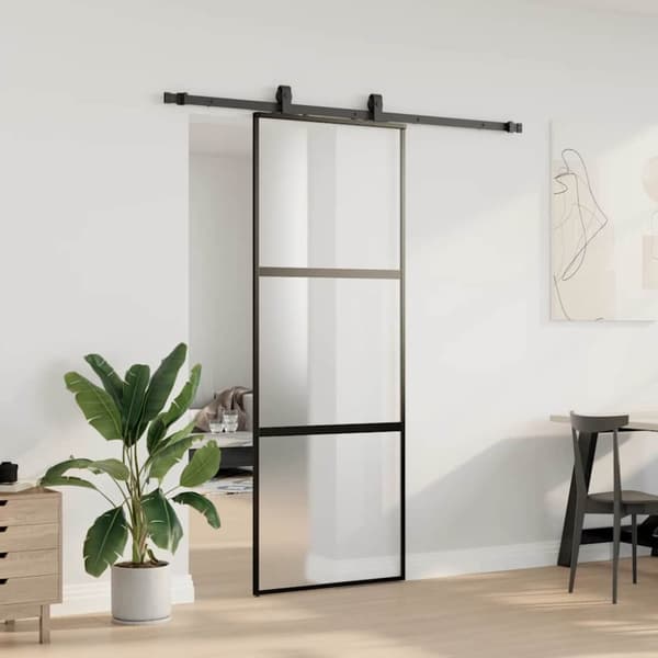 vidaXL skydedør med hardwaresæt 76x205 cm hærdet glas sort
