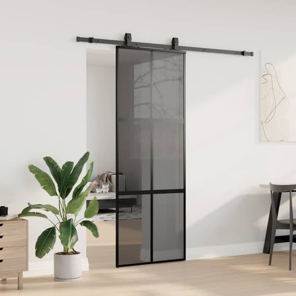 vidaXL skydedør med hardwaresæt 76x205 cm hærdet glas sort