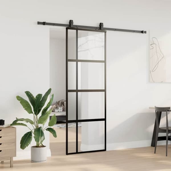 vidaXL skydedør med hardwaresæt 76x205 cm hærdet glas sort