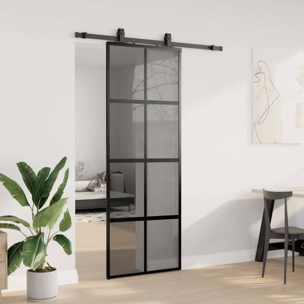 vidaXL skydedør med hardwaresæt 76x205 cm hærdet glas sort