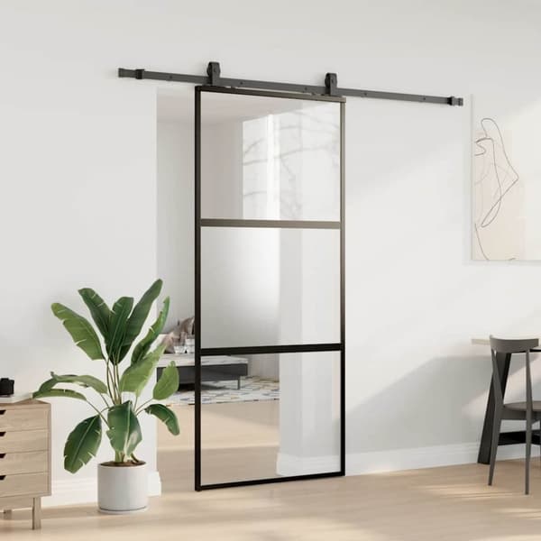 vidaXL skydedør med hardwaresæt 90x205 cm hærdet glas sort