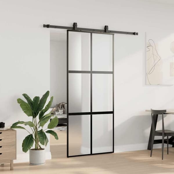 vidaXL Skjutdörr med beslagssats svart 90x205 cm härdat glas