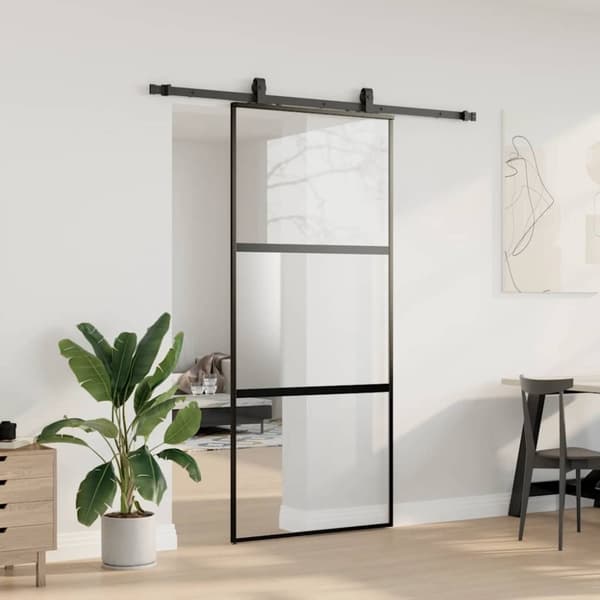 vidaXL Skjutdörr med beslagssats svart 90x205 cm härdat glas