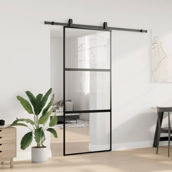 vidaXL Skjutdörr med beslagssats svart 90x205 cm härdat glas
