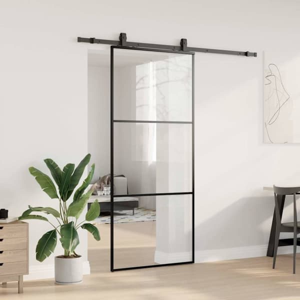 vidaXL Skjutdörr med beslag svart 90x205 cm ESG-glas