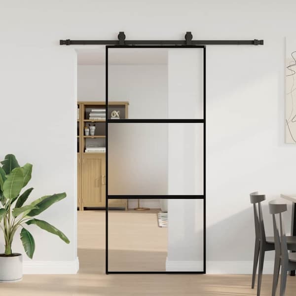 Skjutdörr med beslagssats svart 90x205 cm härdat glas
