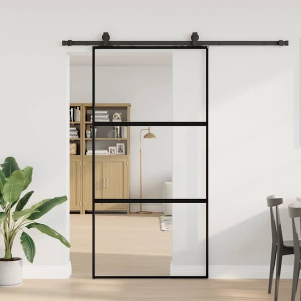 Skjutdörr med beslag svart 102,5x205 cm härdat glas