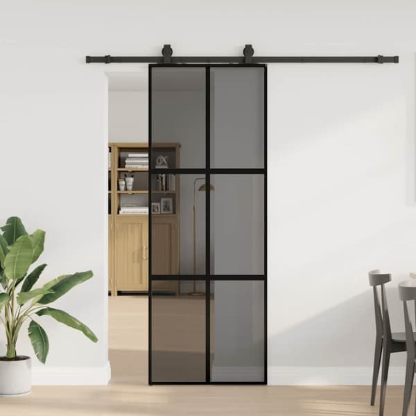 Skjutdörr med beslag svart 76x205 cm härdat glas