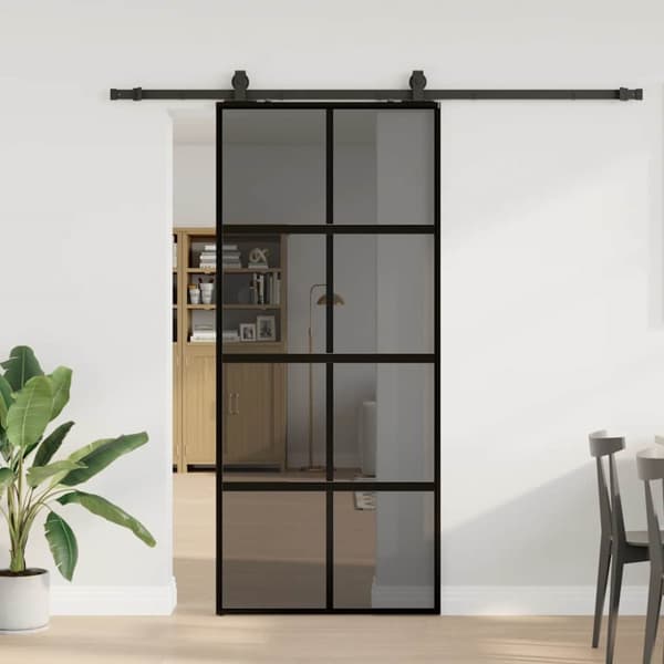 Skjutdörr med beslagssats svart 90x205 cm härdat glas