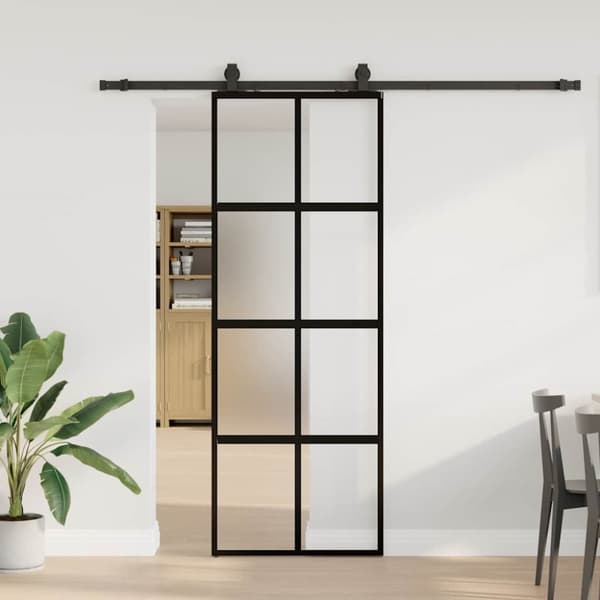 Skjutdörr med beslag svart 76x205 cm härdat glas