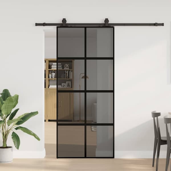 Skjutdörr med beslagssats svart 90x205 cm härdat glas