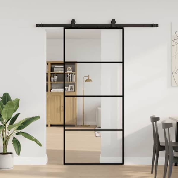 Skjutdörr med beslag svart 90x205 cm ESG-glas