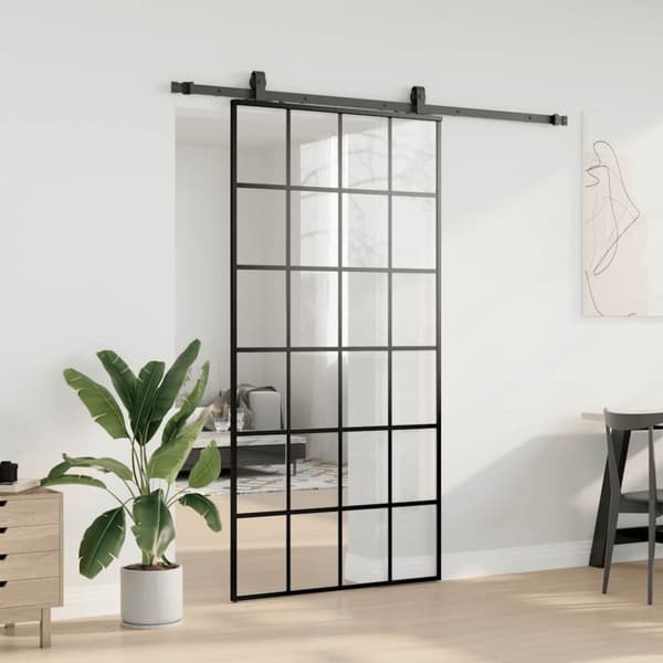 vidaXL skydedør med hardwaresæt 102x205 cm ESG glas sort