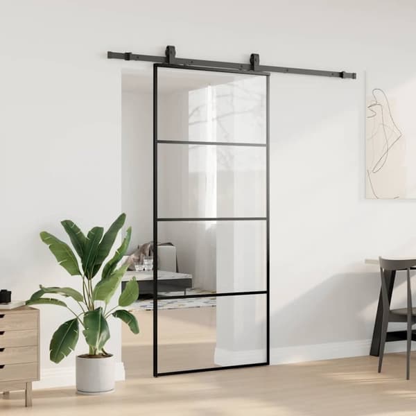 vidaXL skydedør med hardwaresæt 90x205 cm ESG glas sort