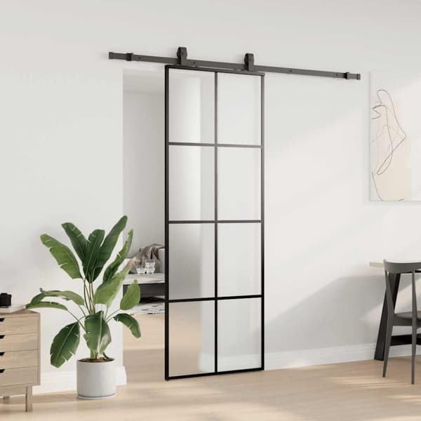 vidaXL skydedør med hardwaresæt 76x205 cm ESG glas sort