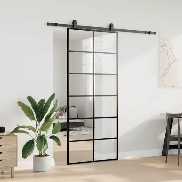 vidaXL skydedør med hardwaresæt 90x205 cm ESG glas sort