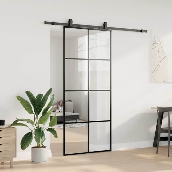 vidaXL Liukuovi asennustarvikkeilla musta 90x205 cm ESG lasi
