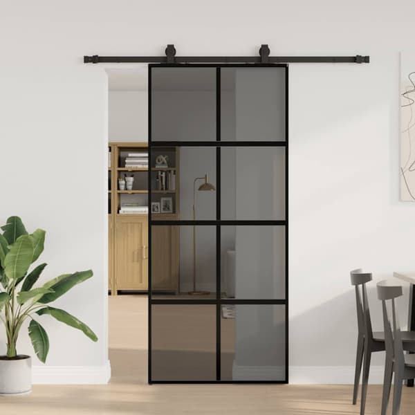 Skjutdörr med beslagssats svart 90x205 cm härdat glas