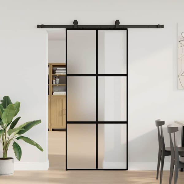 Skjutdörr med beslagssats svart 90x205 cm härdat glas