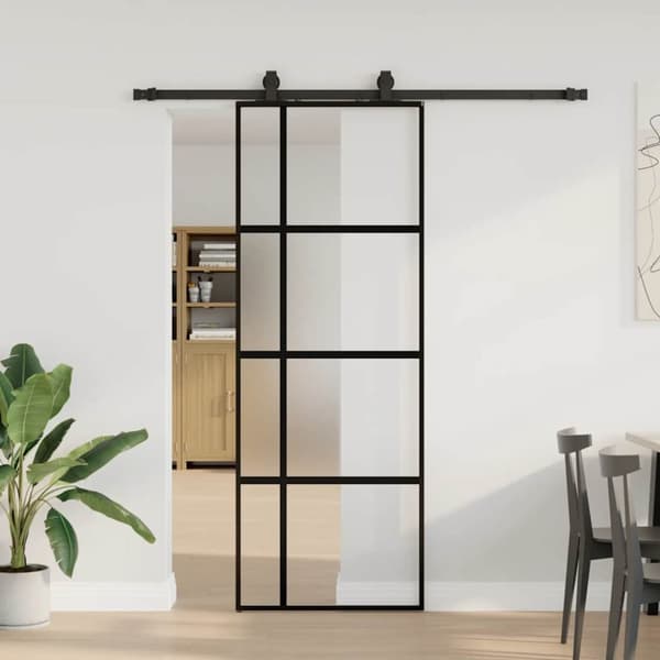 Skjutdörr med beslag svart 76x205 cm härdat glas