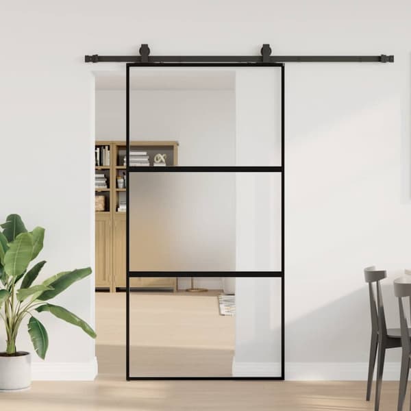 Skjutdörr med beslag svart 102,5x205 cm härdat glas