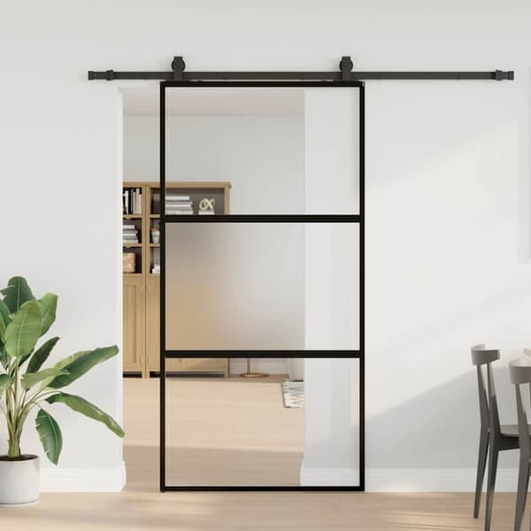 Skjutdörr med beslag svart 102,5x205 cm härdat glas