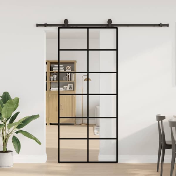 Skjutdörr med beslag svart 90x205 cm ESG-glas