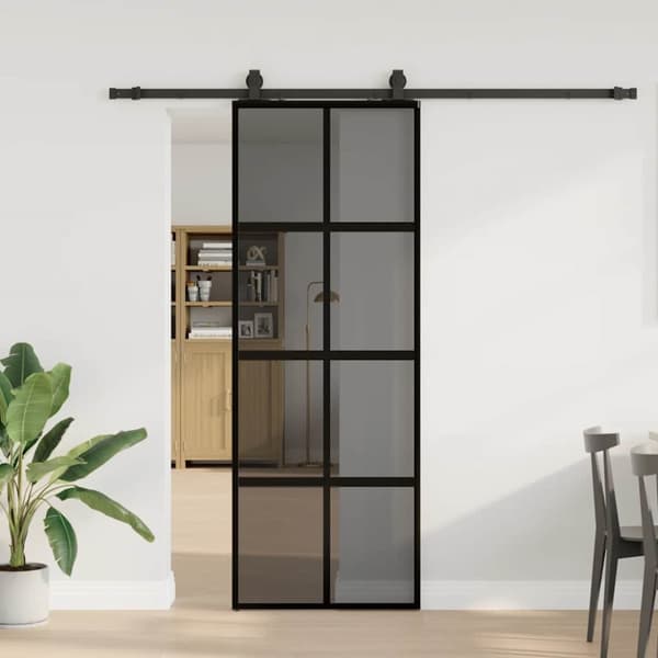 Skjutdörr med beslag svart 76x205 cm härdat glas