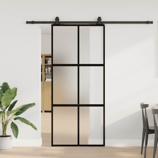 Skjutdörr med beslagssats svart 90x205 cm härdat glas