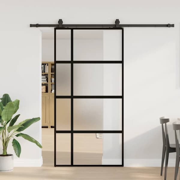 Skjutdörr med beslag svart 102,5x205 cm härdat glas