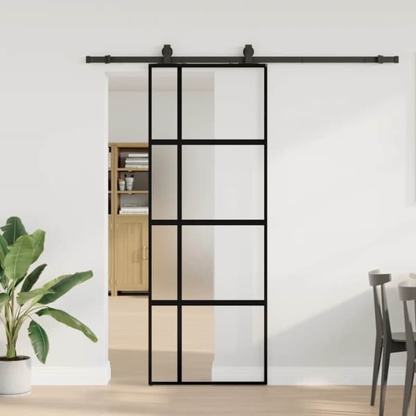 Skjutdörr med beslag svart 76x205 cm härdat glas