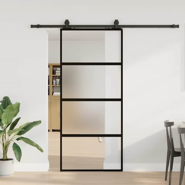 Skjutdörr med beslag svart 76x205 cm härdat glas