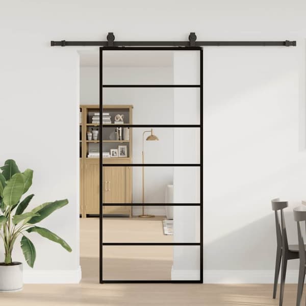 Skjutdörr med beslag svart 90x205 cm ESG-glas