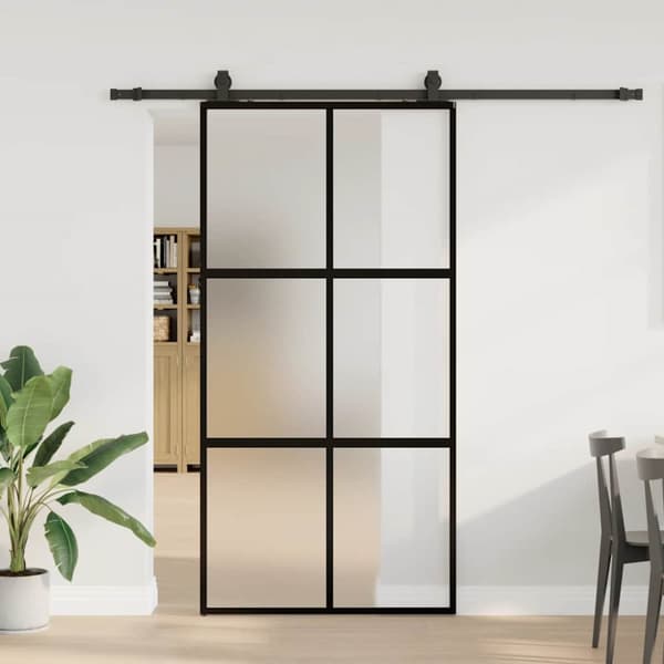 Skjutdörr med beslag svart 102,5x205 cm härdat glas