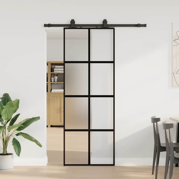 Skjutdörr med beslag svart 76x205 cm härdat glas