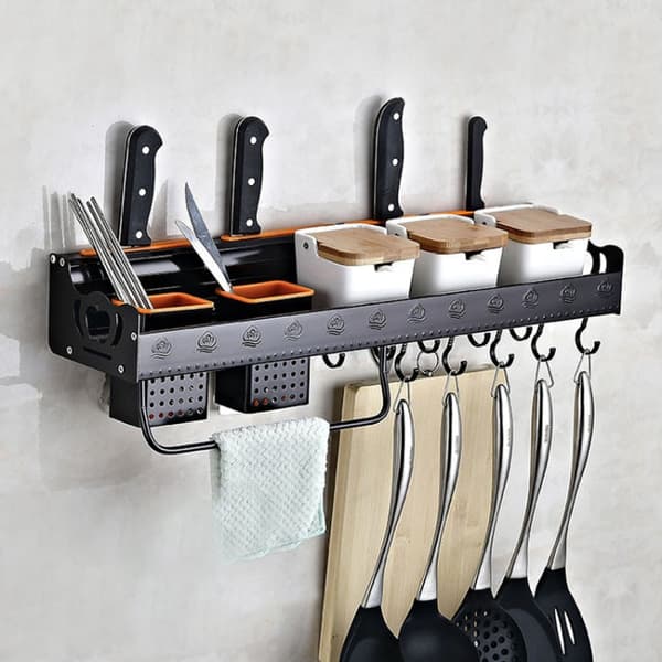 C Version 60cm 2 Cups 10 Hooks Kitchen Multi-function Wall-mounted Condiment Holder Storage Rack (Black)