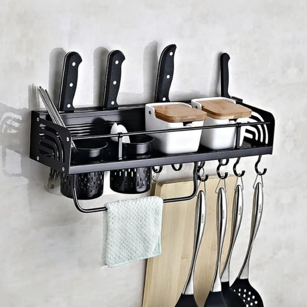 B Version 50cm 2 Cups 10 Hooks Kitchen Multi-function Wall-mounted Condiment Holder Storage Rack (Black)