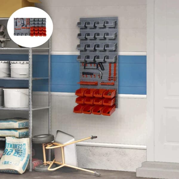 Rootz Pegboard - Perforeret værktøjssæt - Væghylde - 44 stykker Værktøjstavle - Vægholderværktøj - Stabelbare beholdere - Grå/Rød - 63,5 x 22,5 x 95,5