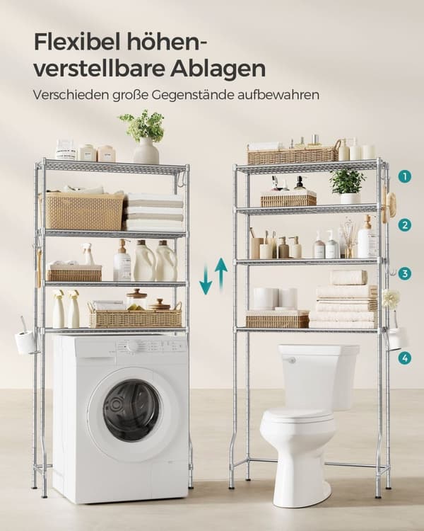 Rootz Metal Toaletthylla - Övertoalettförvaring - Badrumsställ - Dove Grey - 30 cm x 83 cm x 176 cm - 6,6 kg - 11,3 kg Kapacitet