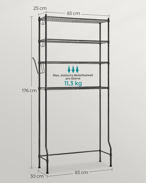 Rootz metallinen wc-hylly - Musta kylpyhuoneen säilytysteline - Järjestäjäteline - Tukeva rakenne - 30cm x 83cm x 176cm